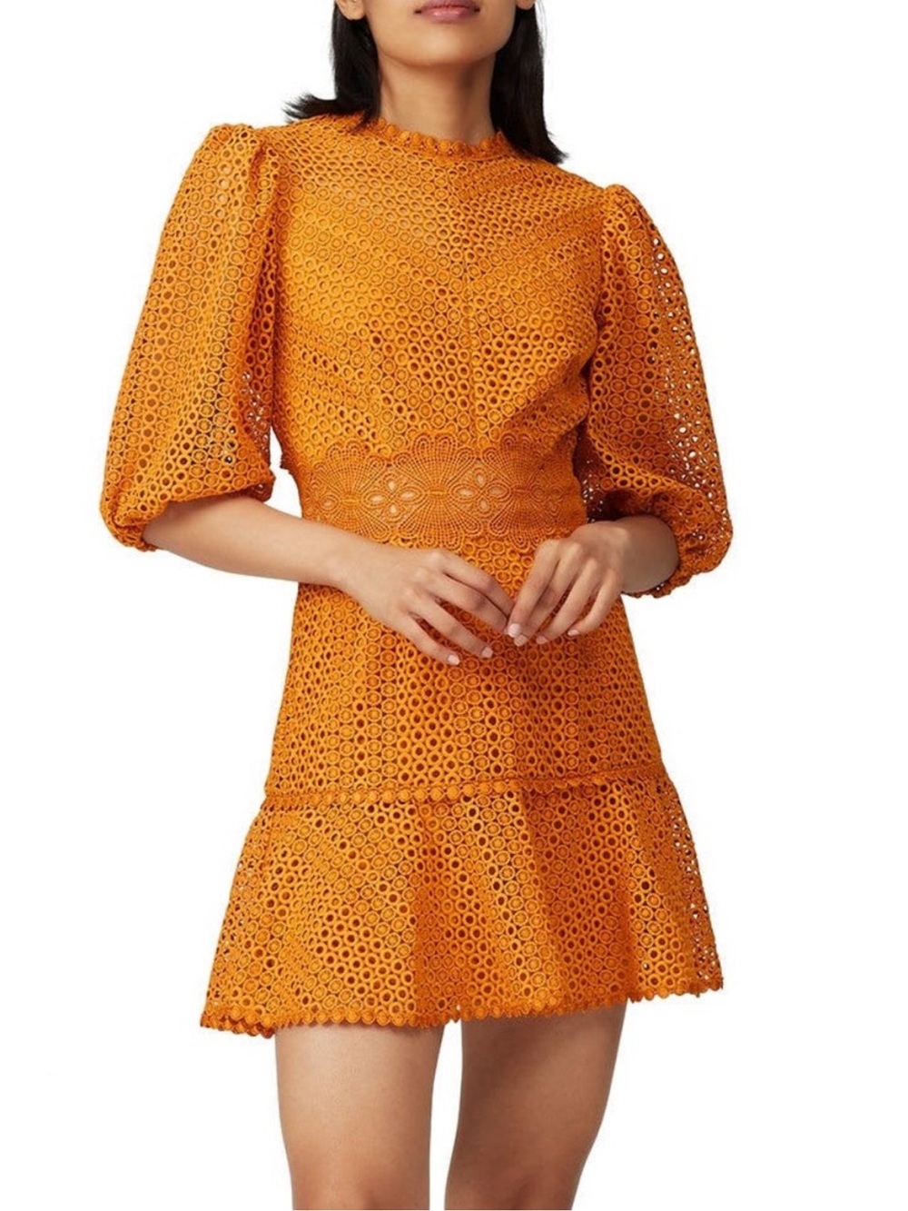Saylor Milo Puff Sleeve Mini Dress Women’s Orange Eyelet Lace Short S